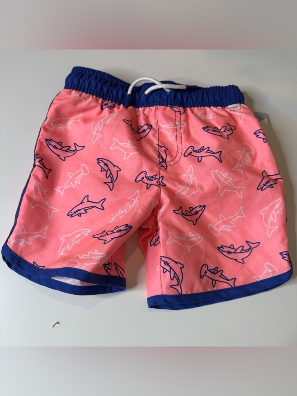 Cat & Jack Shark Print Swim Trunks in coral and blue 4T